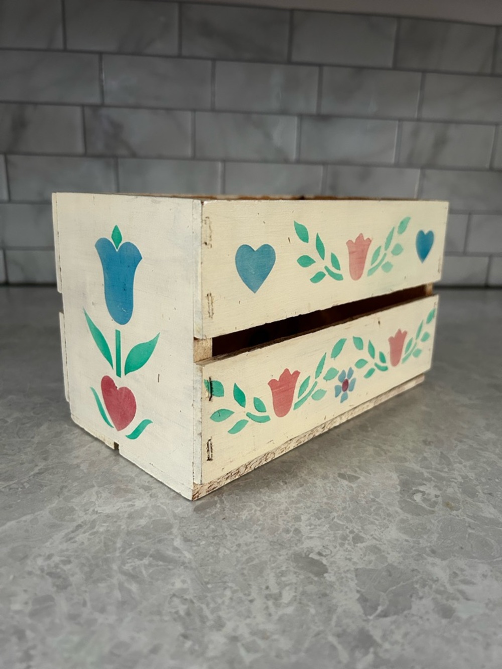Vintage Hand-Painted Floral Wood Crate in Cream, Teal & Coral - Rustic Spring